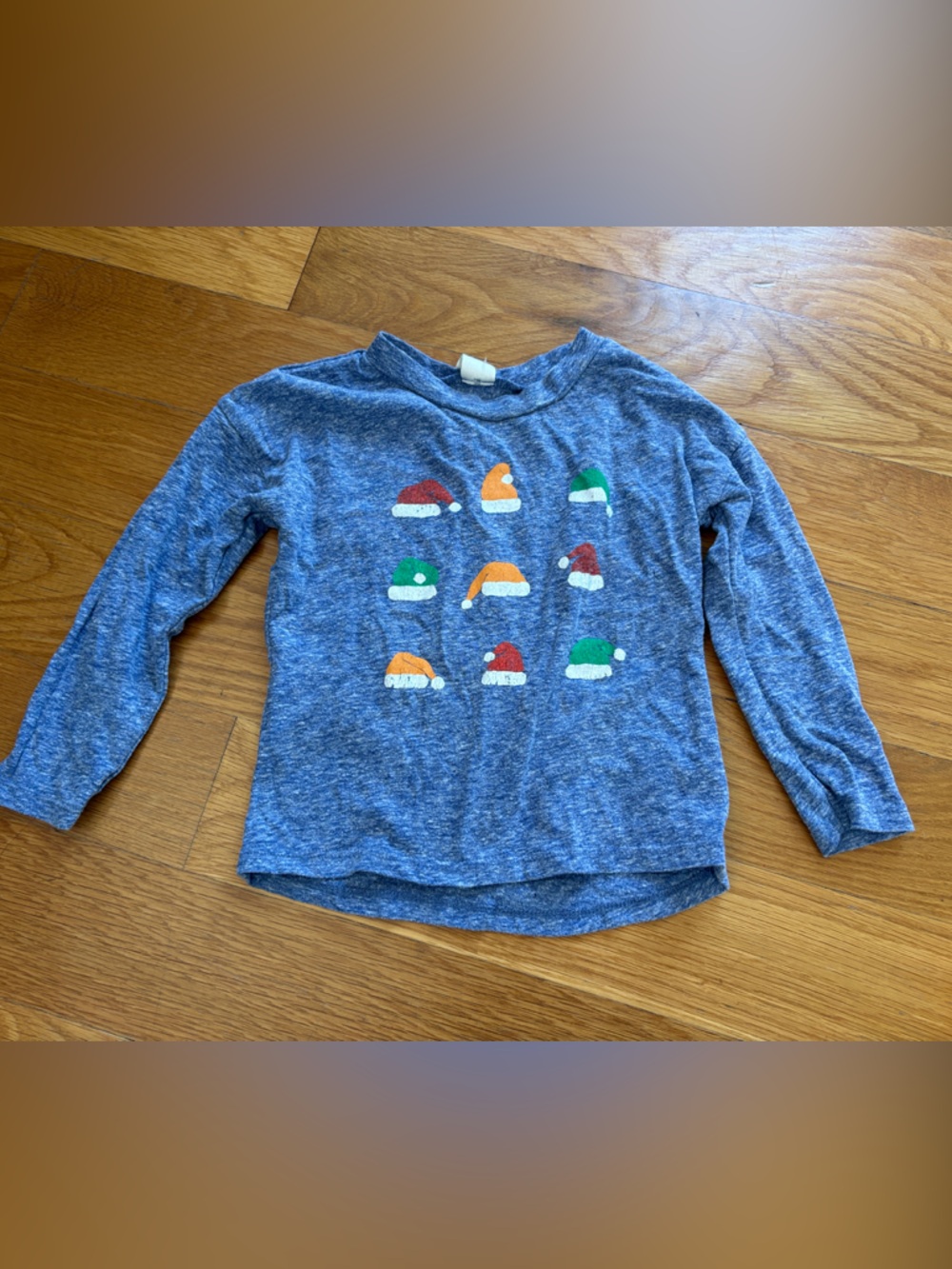 Blue Heather Long-Sleeve Tee with Colorful Holiday Hats, 18M